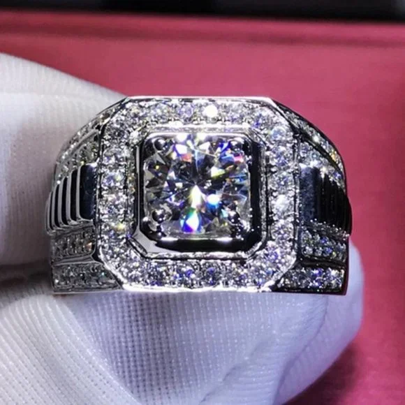 🎁 Fever Square Glitter Zircon Silver Chunky Wedding Rings for Man, PD663